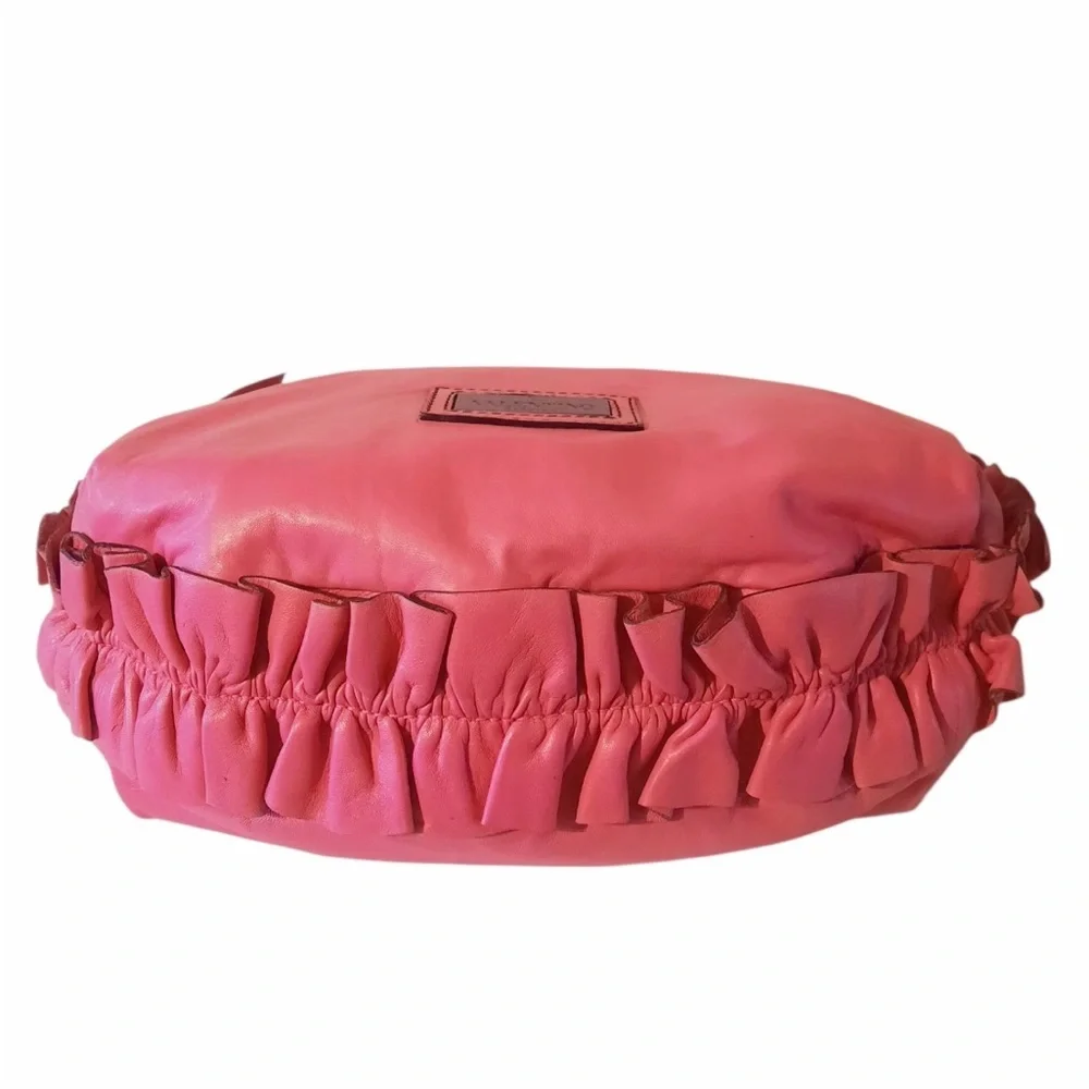 🎀 VALENTINO GARAVANI Ruffle Trimmed Nappa Leather Hobo Shoulder Bag- Hot Pink